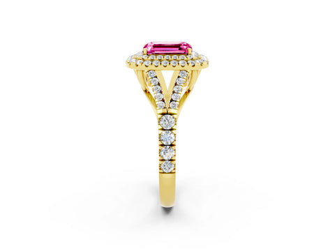Yellow gold Emerald Cut Pink Sapphire Pavé Split Shank Double Halo Engagement Ring_2