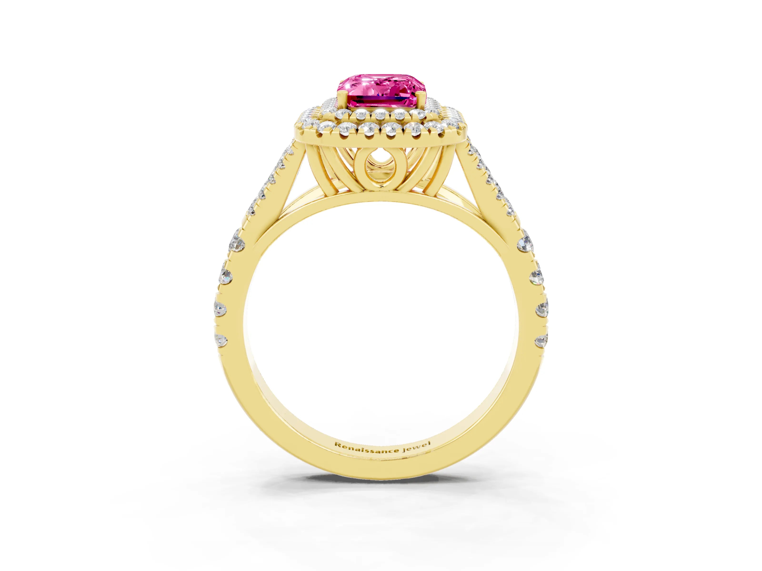 Yellow gold Emerald Cut Pink Sapphire Pavé Split Shank Double Halo Engagement Ring_3