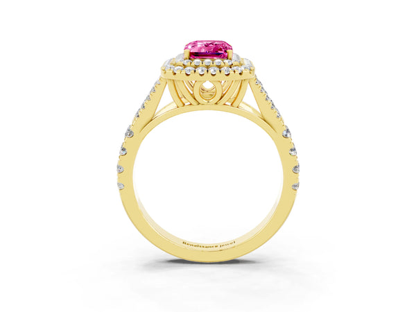 Yellow gold Emerald Cut Pink Sapphire Pavé Split Shank Double Halo Engagement Ring