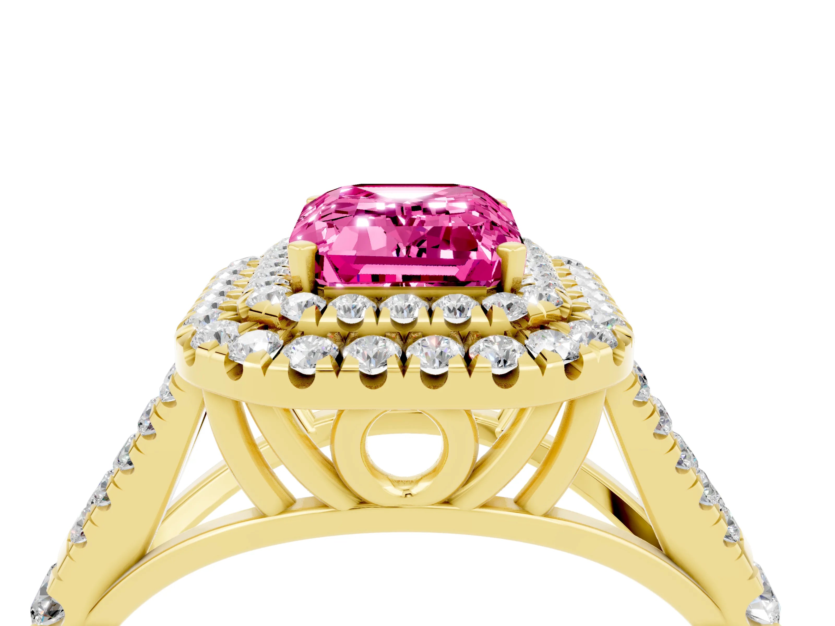 Yellow gold Emerald Cut Pink Sapphire Pavé Split Shank Double Halo Engagement Ring_4