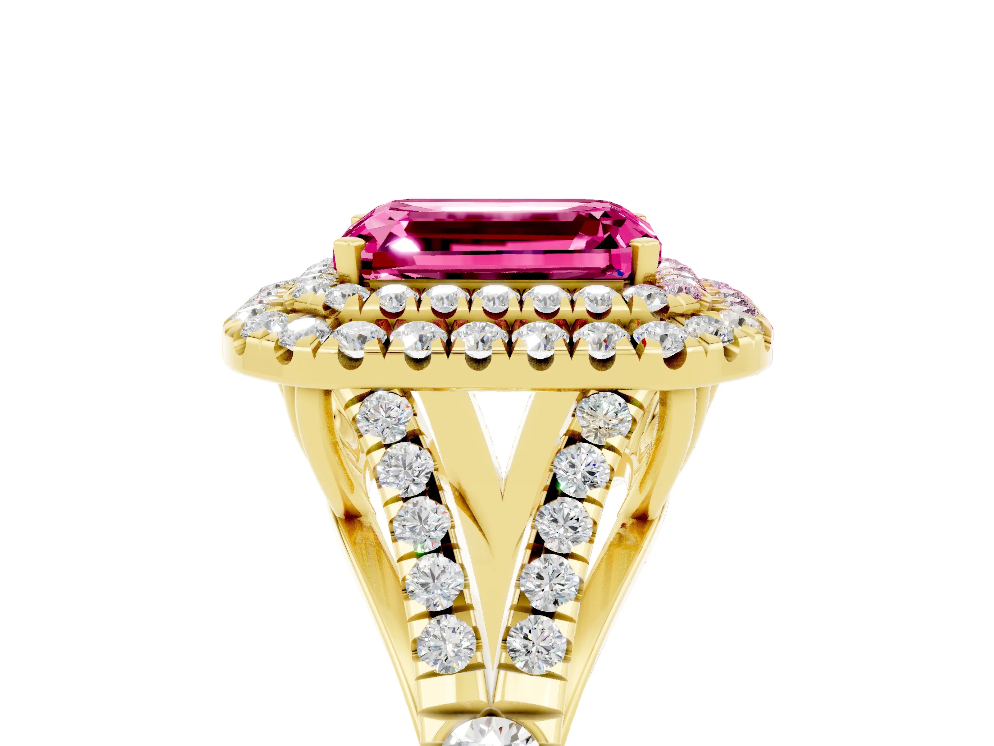 Yellow gold Emerald Cut Pink Sapphire Pavé Split Shank Double Halo Engagement Ring_5