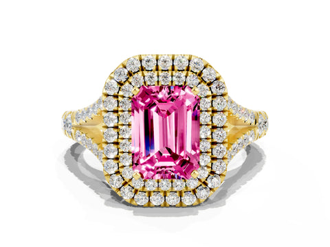 Yellow gold Emerald Cut Pink Sapphire Pavé Split Shank Double Halo Engagement Ring