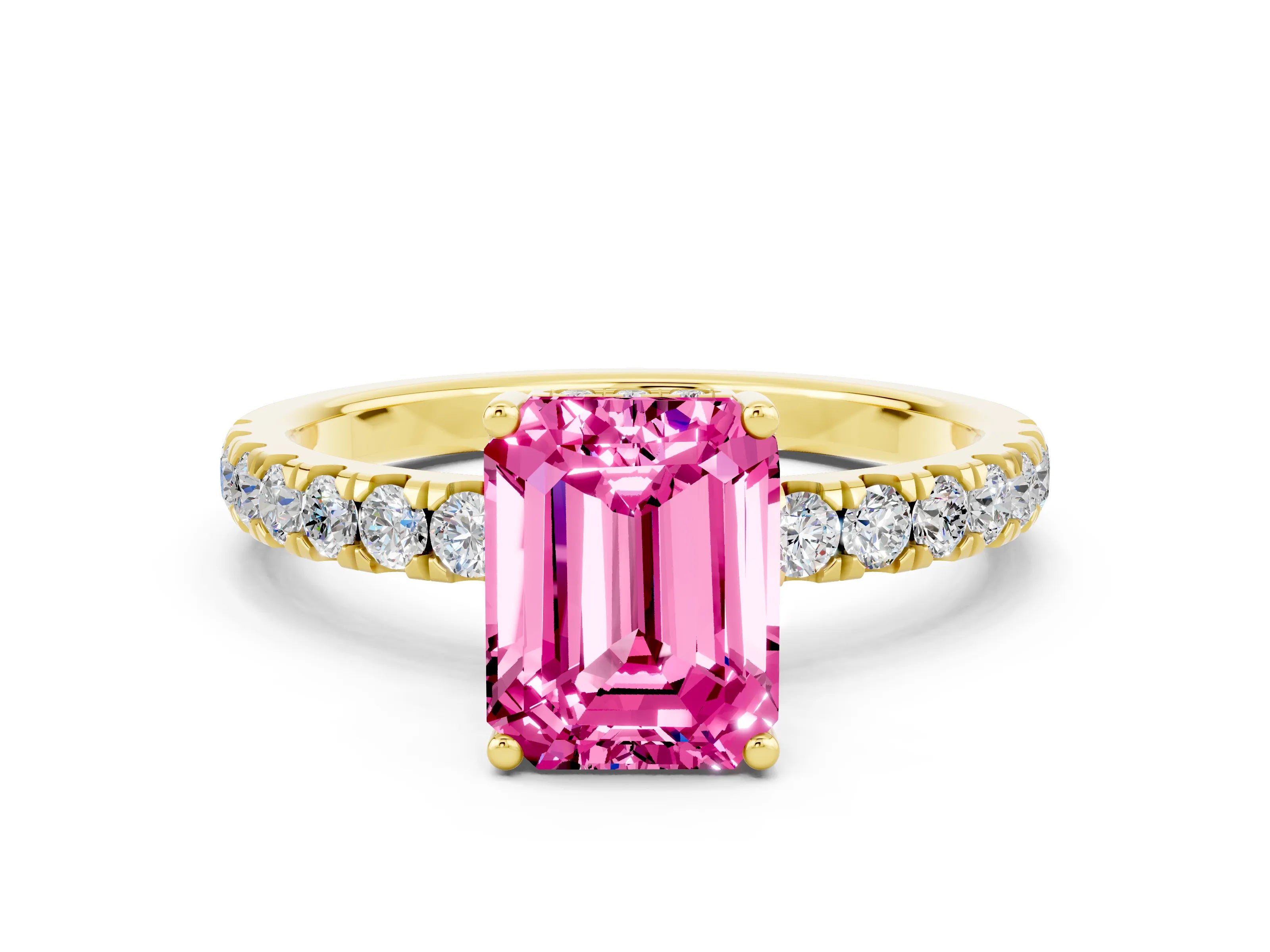 Yellow gold Emerald Cut Pink Sapphire Pave Band Solitaire Ring with Four-Prong Setting_12