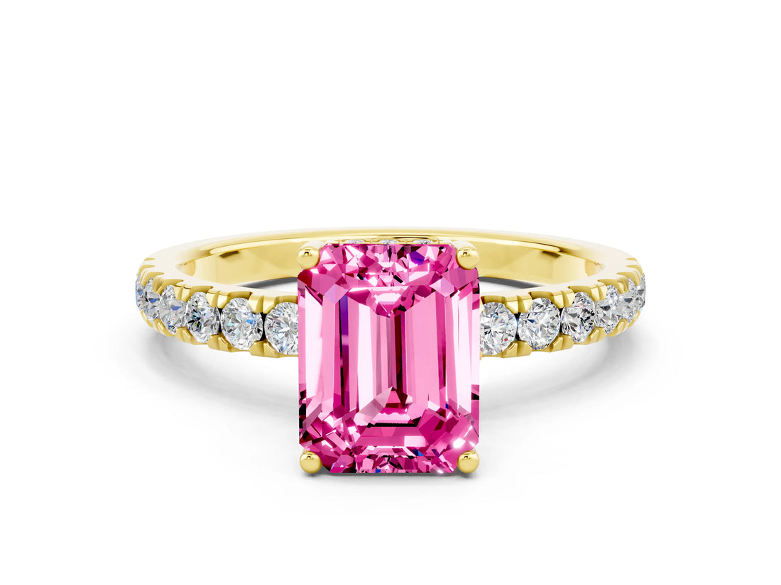 Yellow gold Emerald Cut Pink Sapphire Pave Band Solitaire Ring with Four-Prong Setting_12