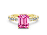 Yellow gold Emerald Cut Pink Sapphire Pave Band Solitaire Ring with Four-Prong Setting_12