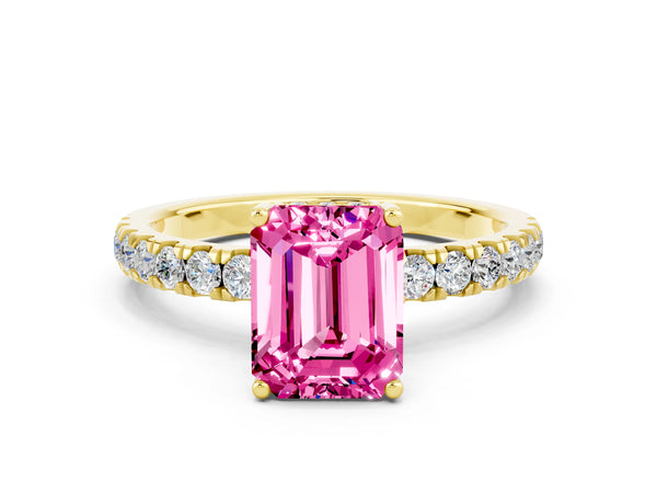 Yellow gold Emerald Cut Pink Sapphire Pave Band Solitaire Ring with Round  and Prong Setting