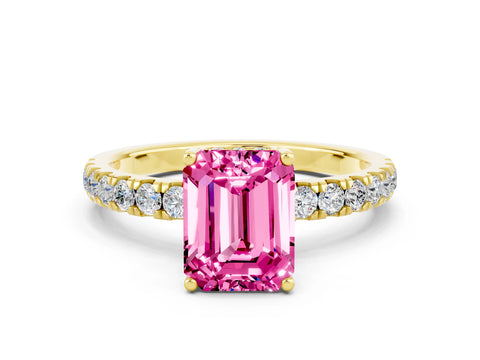 Yellow gold Emerald Cut Pink Sapphire Pave Band Solitaire Ring with Four-Prong Setting_12