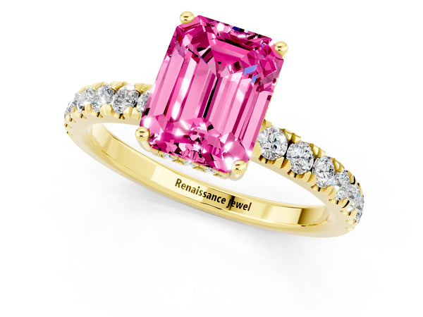 Yellow gold Emerald Cut Pink Sapphire Pave Band Solitaire Ring with Round  and Prong Setting