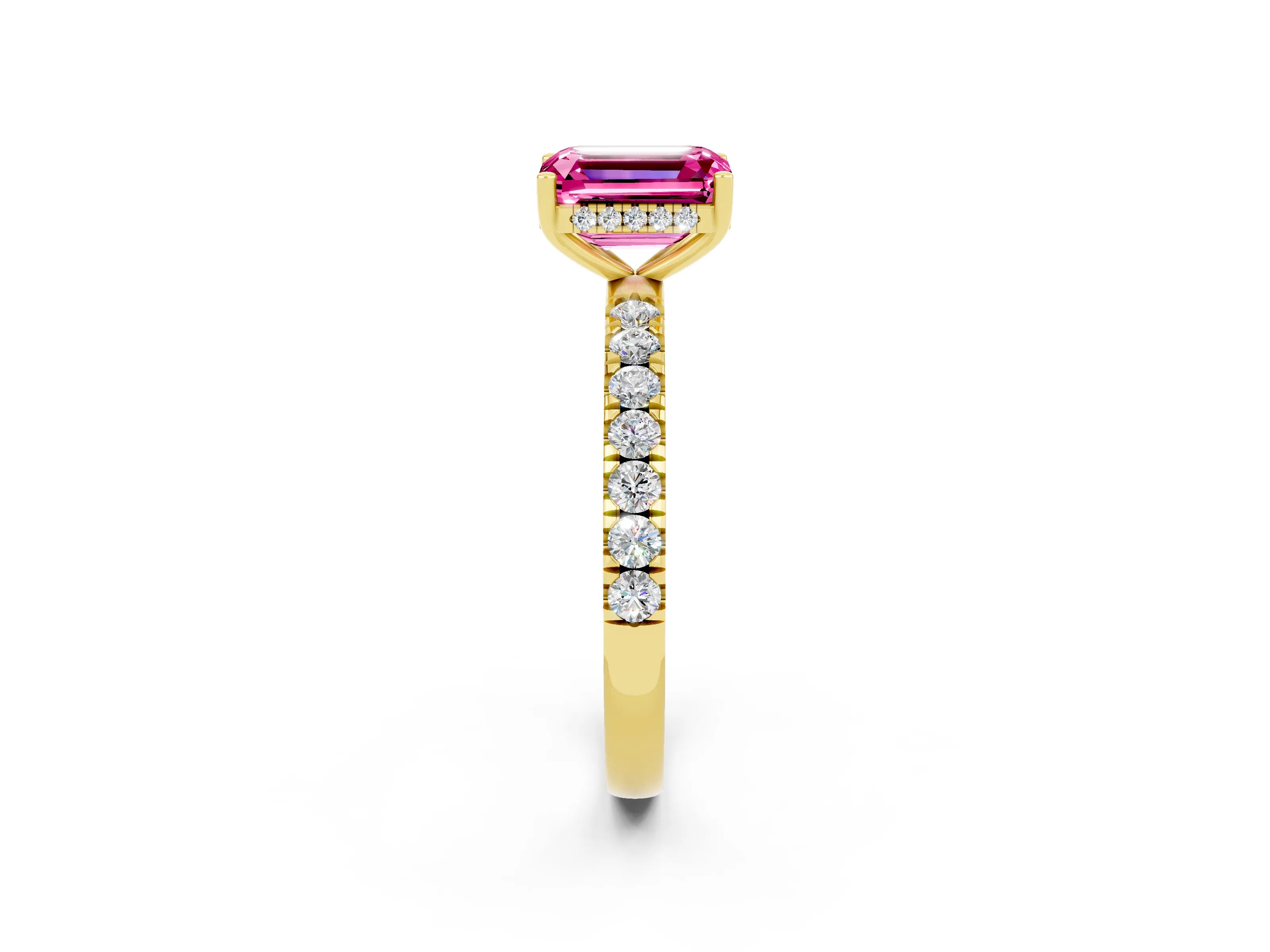 Yellow gold Emerald Cut Pink Sapphire Pave Band Solitaire Ring with Four-Prong Setting_14