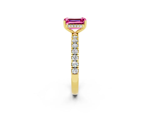 Yellow gold Emerald Cut Pink Sapphire Pave Band Solitaire Ring with Four-Prong Setting_14