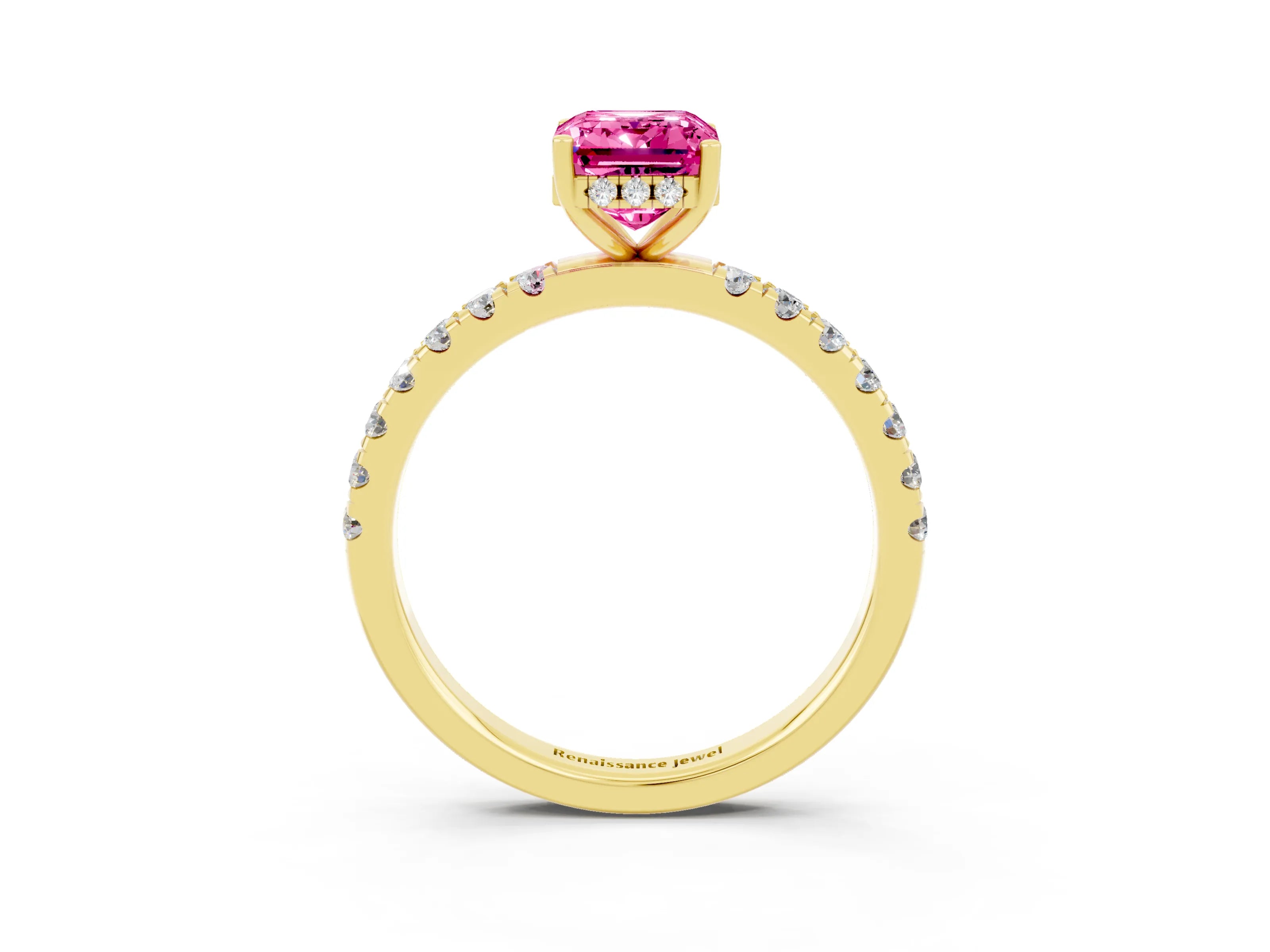 Yellow gold Emerald Cut Pink Sapphire Pave Band Solitaire Ring with Four-Prong Setting_15