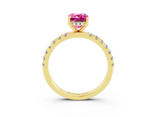 Yellow gold Emerald Cut Pink Sapphire Pave Band Solitaire Ring with Round  and Prong Setting