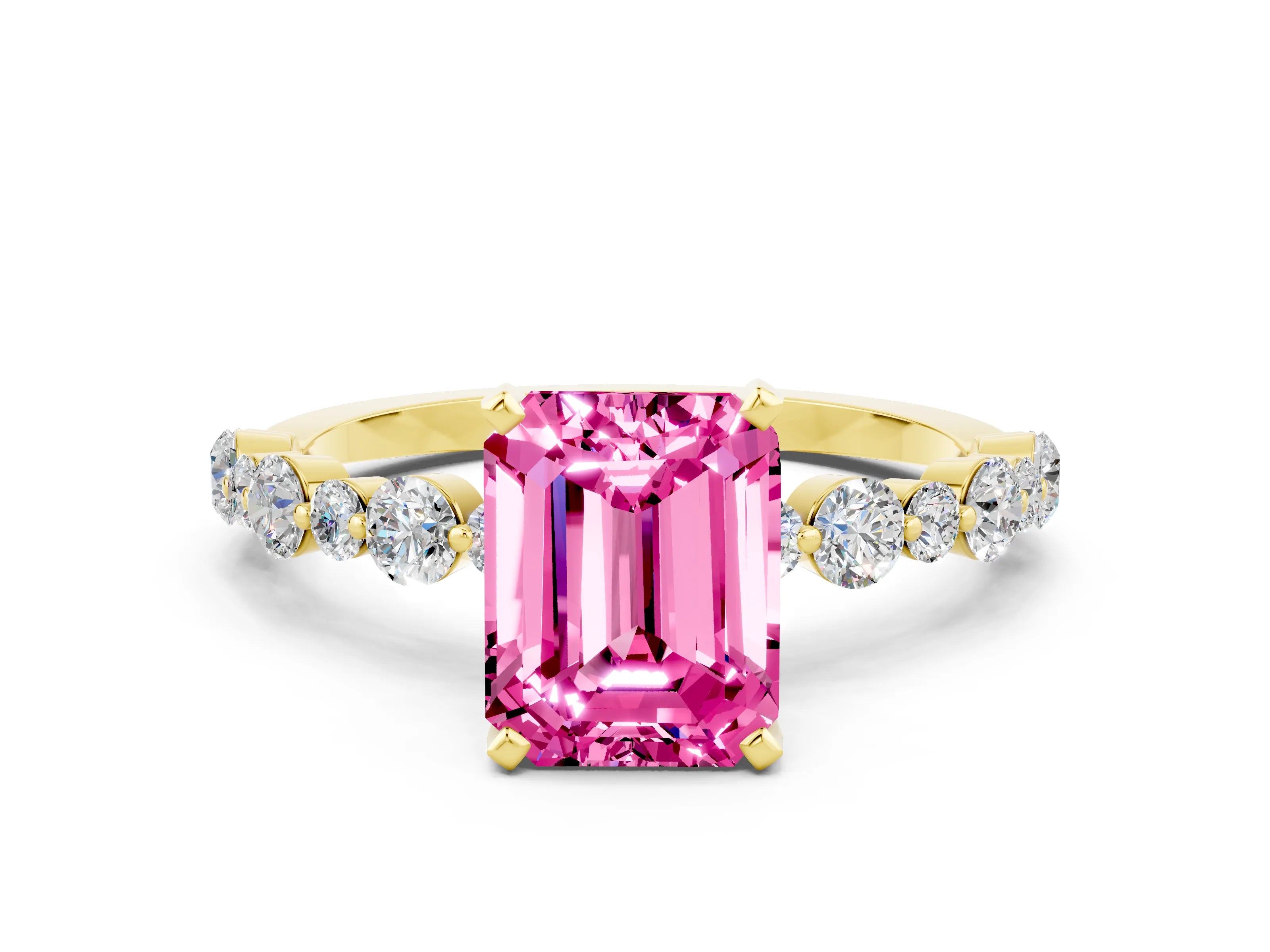 Yellow gold Emerald Cut Pink Sapphire Prong Set Engagement Ring with Pavé Band_12