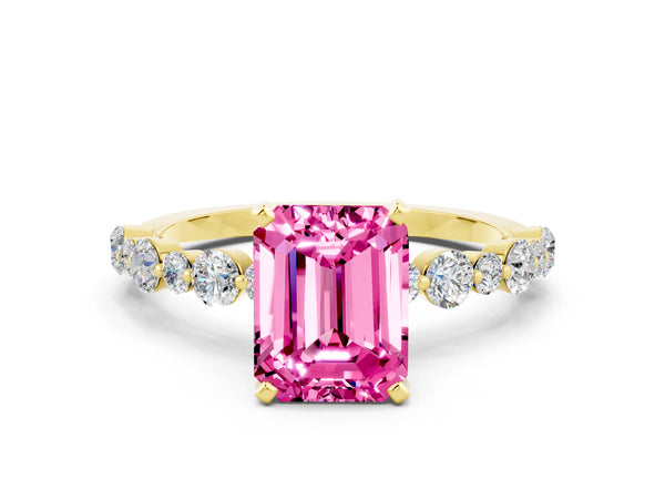 Yellow gold Emerald Cut Pink Sapphire Prong Set Engagement Ring with Pavé Band