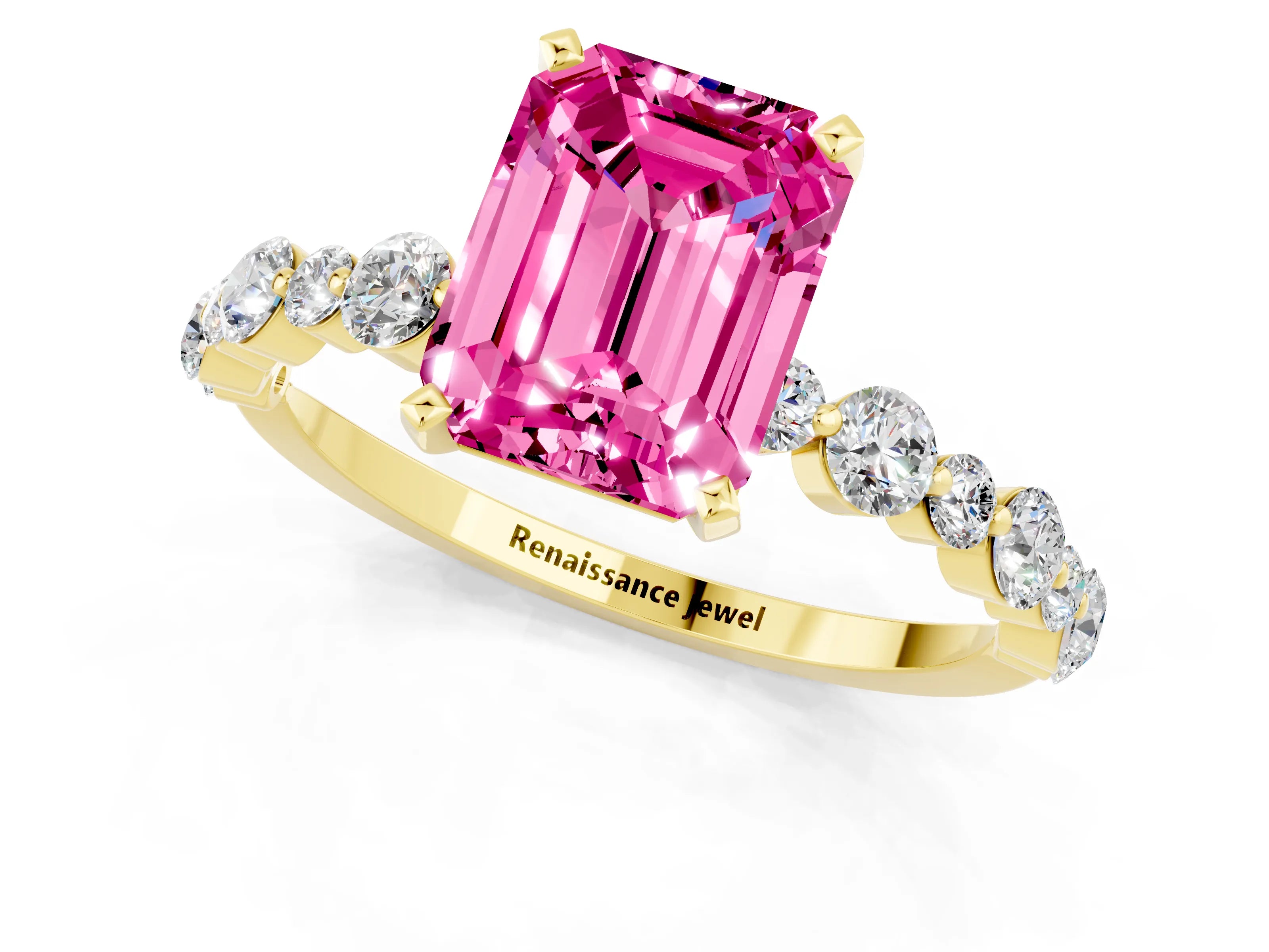 Yellow gold Emerald Cut Pink Sapphire Prong Set Engagement Ring with Pavé Band_13