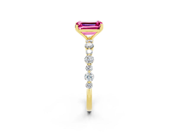 Yellow gold Emerald Cut Pink Sapphire Prong Set Engagement Ring with Pavé Band