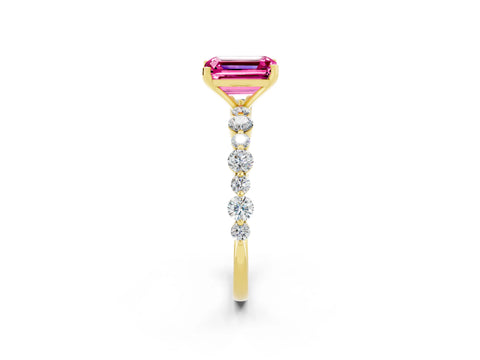 Yellow gold Emerald Cut Pink Sapphire Prong Set Engagement Ring with Pavé Band_14