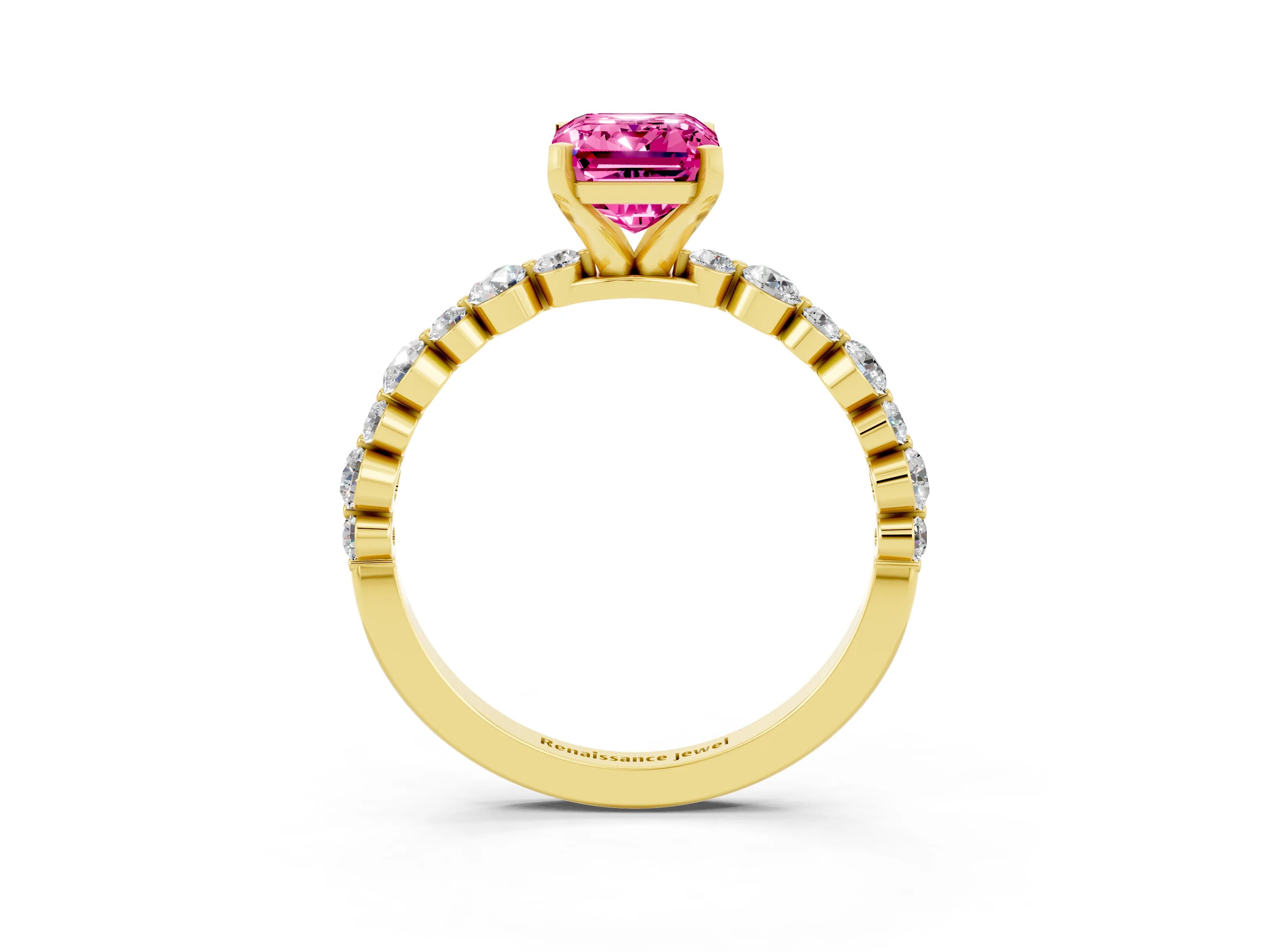 Yellow gold Emerald Cut Pink Sapphire Prong Set Engagement Ring with Pavé Band_15