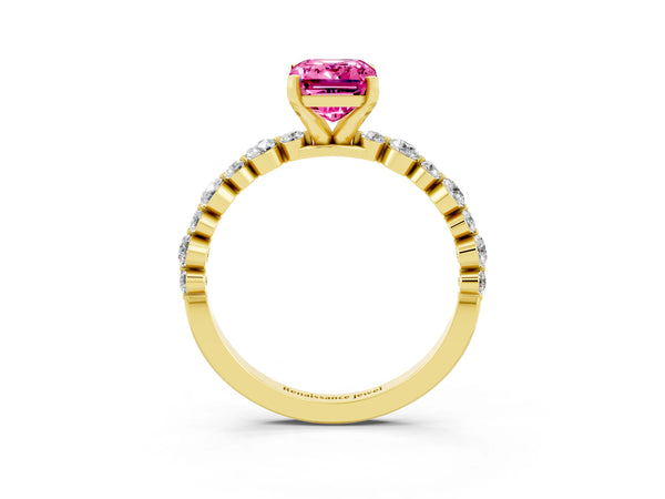 Yellow gold Emerald Cut Pink Sapphire Prong Set Engagement Ring with Pavé Band