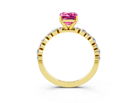 Yellow gold Emerald Cut Pink Sapphire Prong Set Engagement Ring with Pavé Band_15
