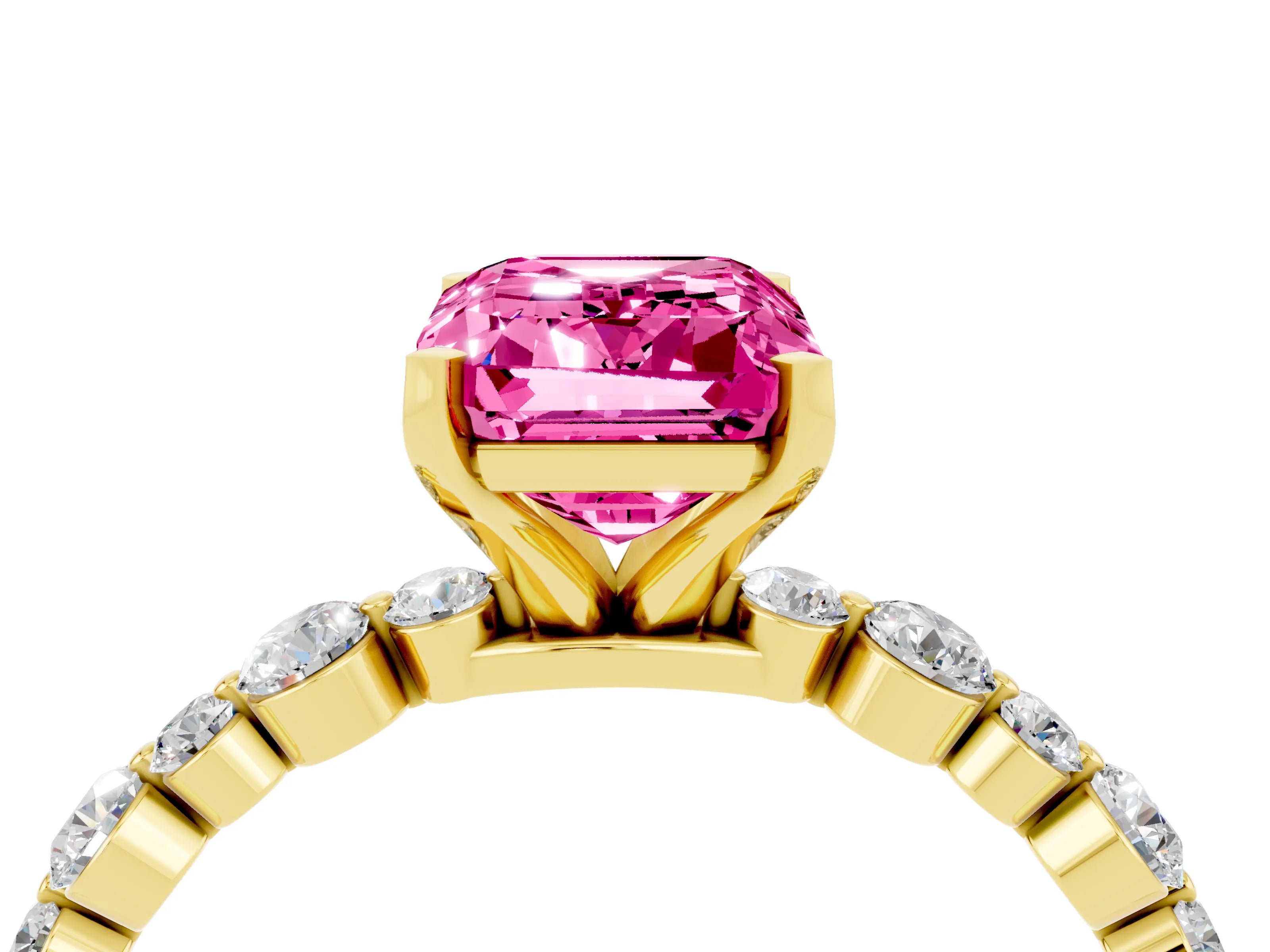 Yellow gold Emerald Cut Pink Sapphire Prong Set Engagement Ring with Pavé Band_16