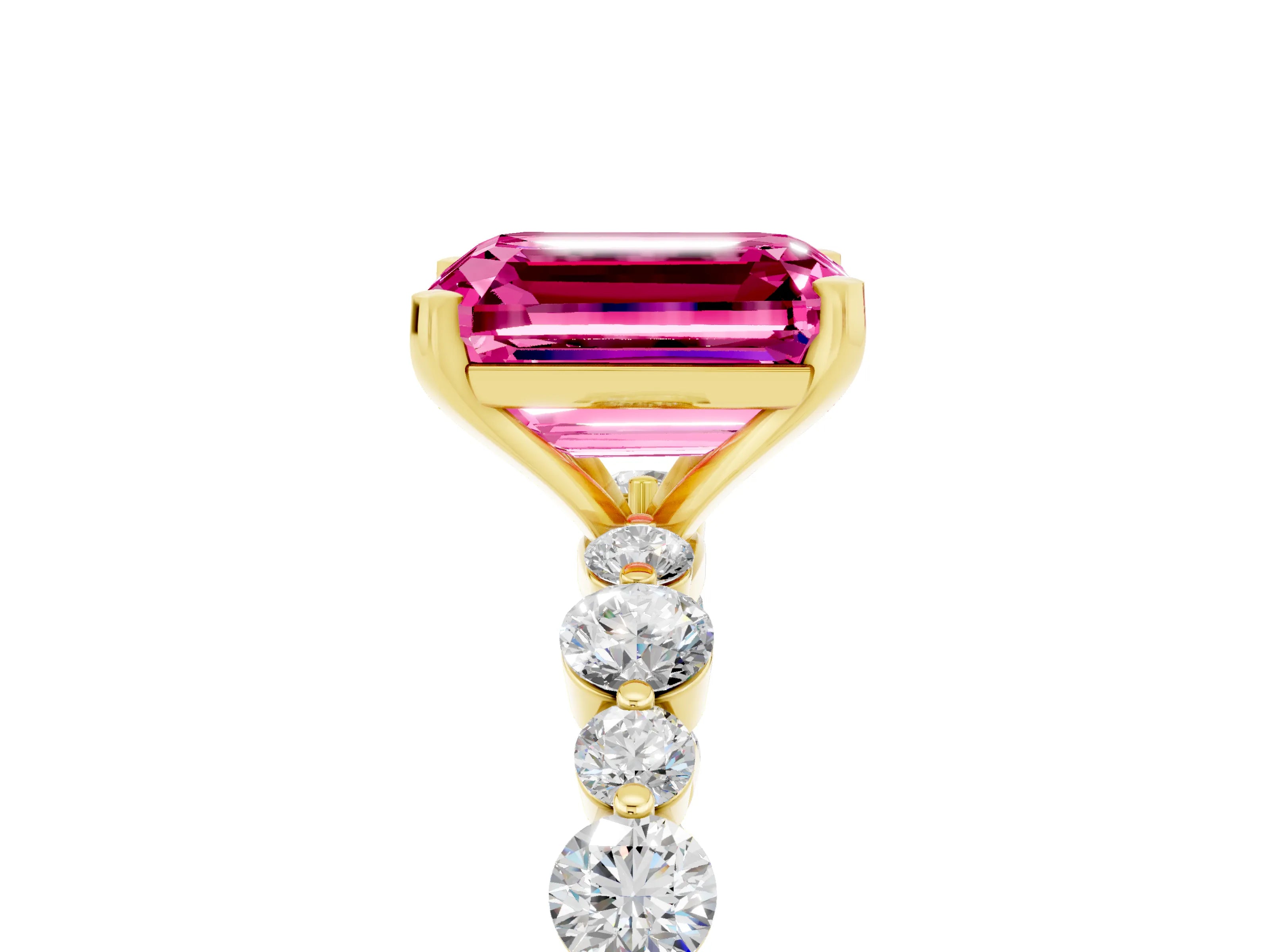 Yellow gold Emerald Cut Pink Sapphire Prong Set Engagement Ring with Pavé Band_17