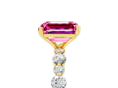 Yellow gold Emerald Cut Pink Sapphire Prong Set Engagement Ring with Pavé Band_17