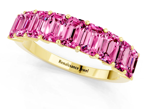 Yellow gold Emerald Cut Pink Sapphire Prong-Set Eternity Band