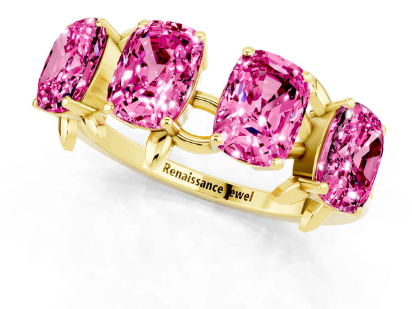 Yellow gold Emerald Cut Pink Sapphire Prong-Set Half Eternity Band