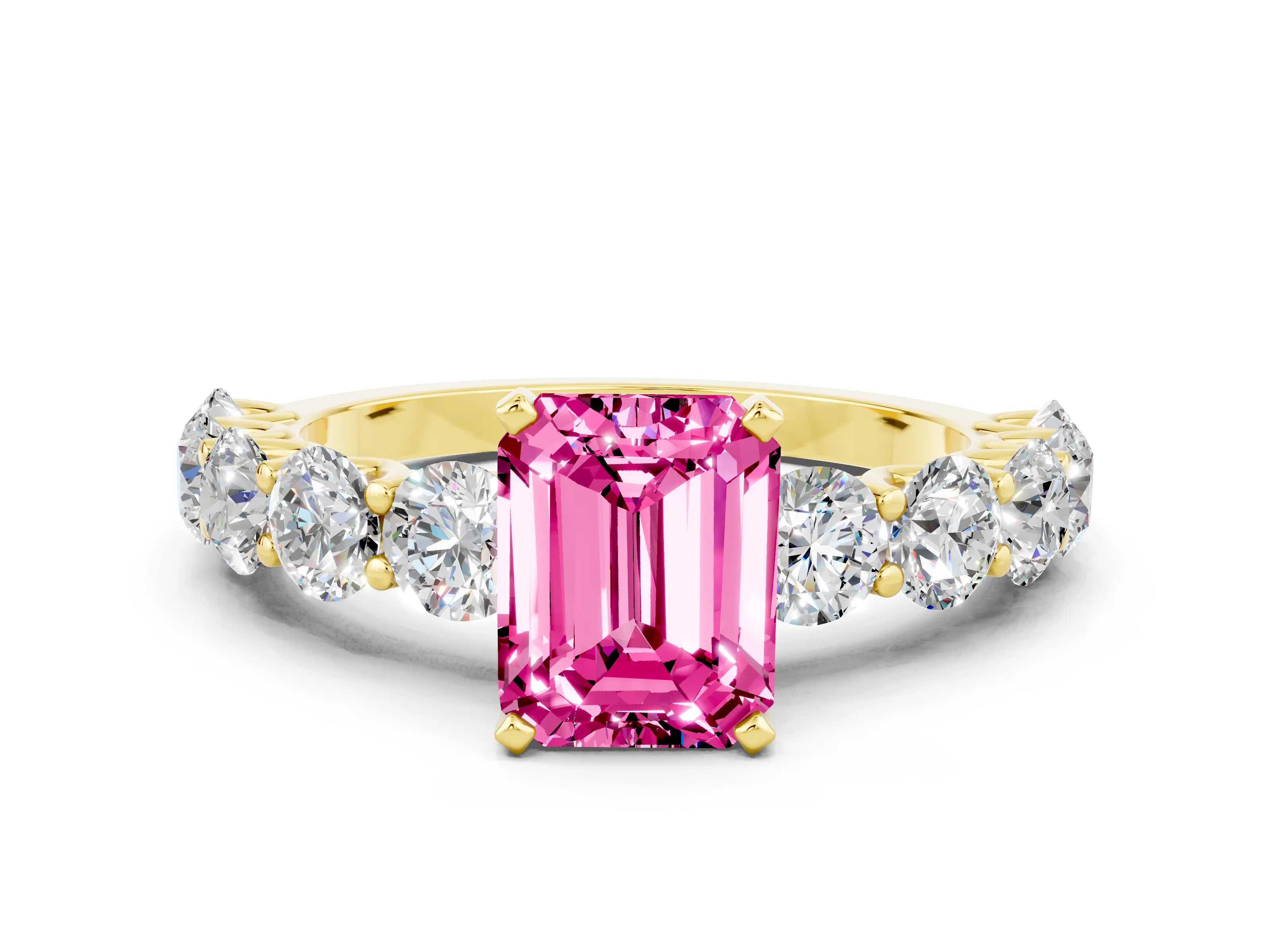 Yellow gold Emerald Cut Pink Sapphire Prong Setting with Side Stones on a Pave Band_24