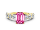 Yellow gold Emerald Cut Pink Sapphire Prong Setting with Side Stones on a Pave Band_24