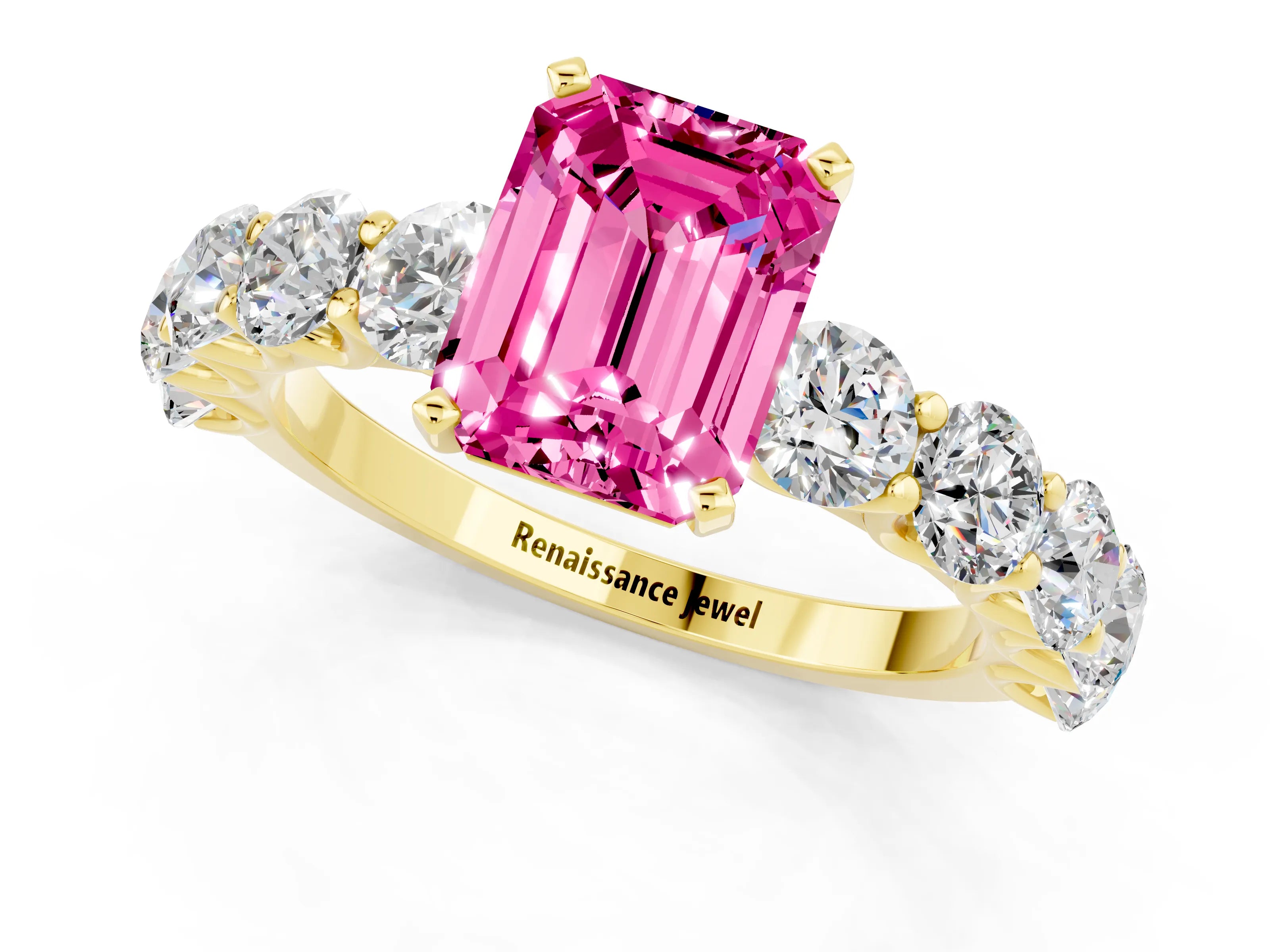 Yellow gold Emerald Cut Pink Sapphire Prong Setting with Side Stones on a Pave Band_25