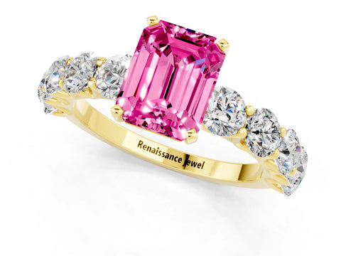 Yellow gold Emerald Cut Pink Sapphire Prong Setting with Side Stones on a Pave Band_25