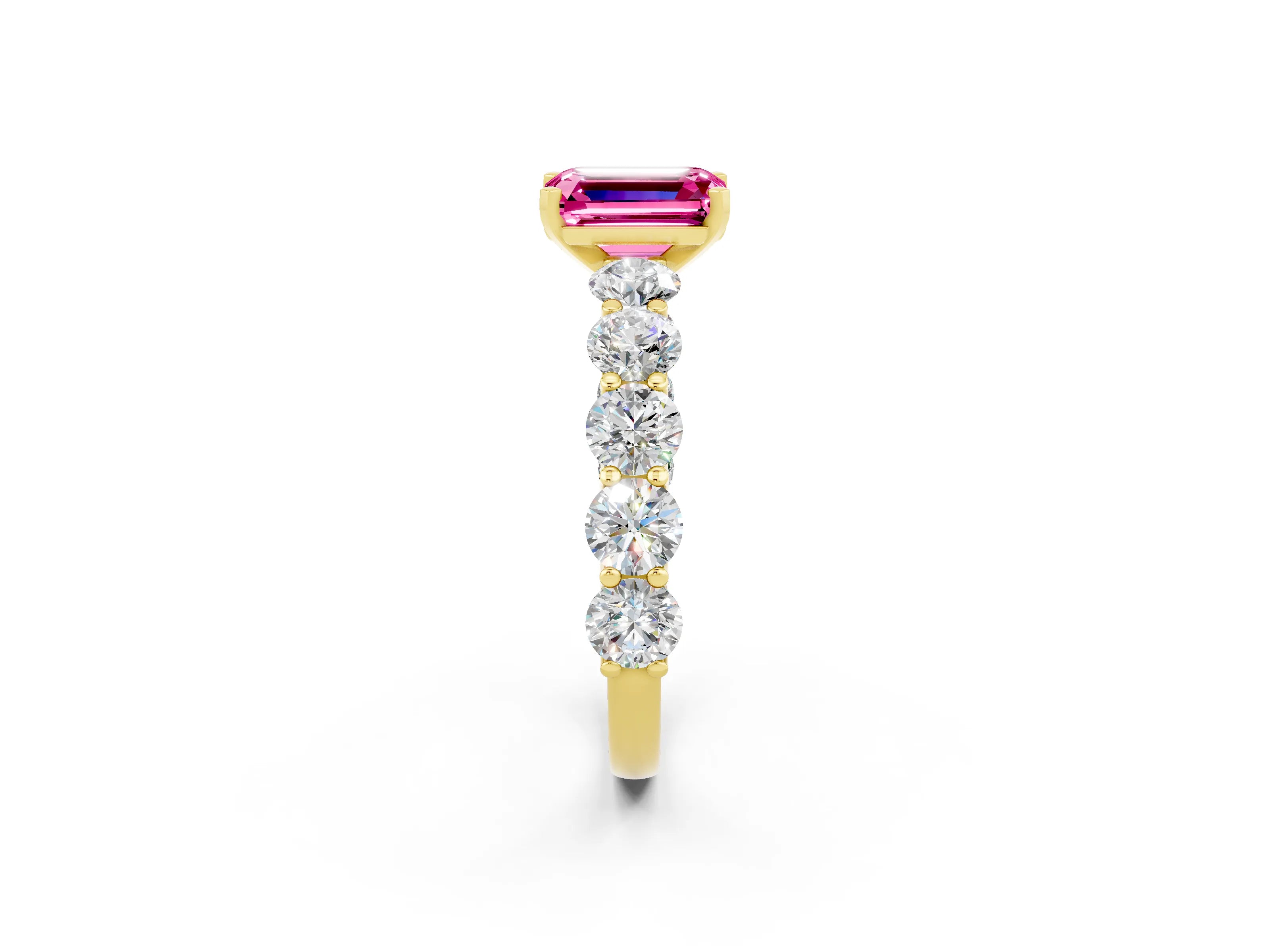 Yellow gold Emerald Cut Pink Sapphire Prong Setting with Side Stones on a Pave Band_26