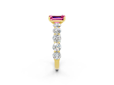 Yellow gold Emerald Cut Pink Sapphire Prong Setting with Side Stones on a Pave Band_26