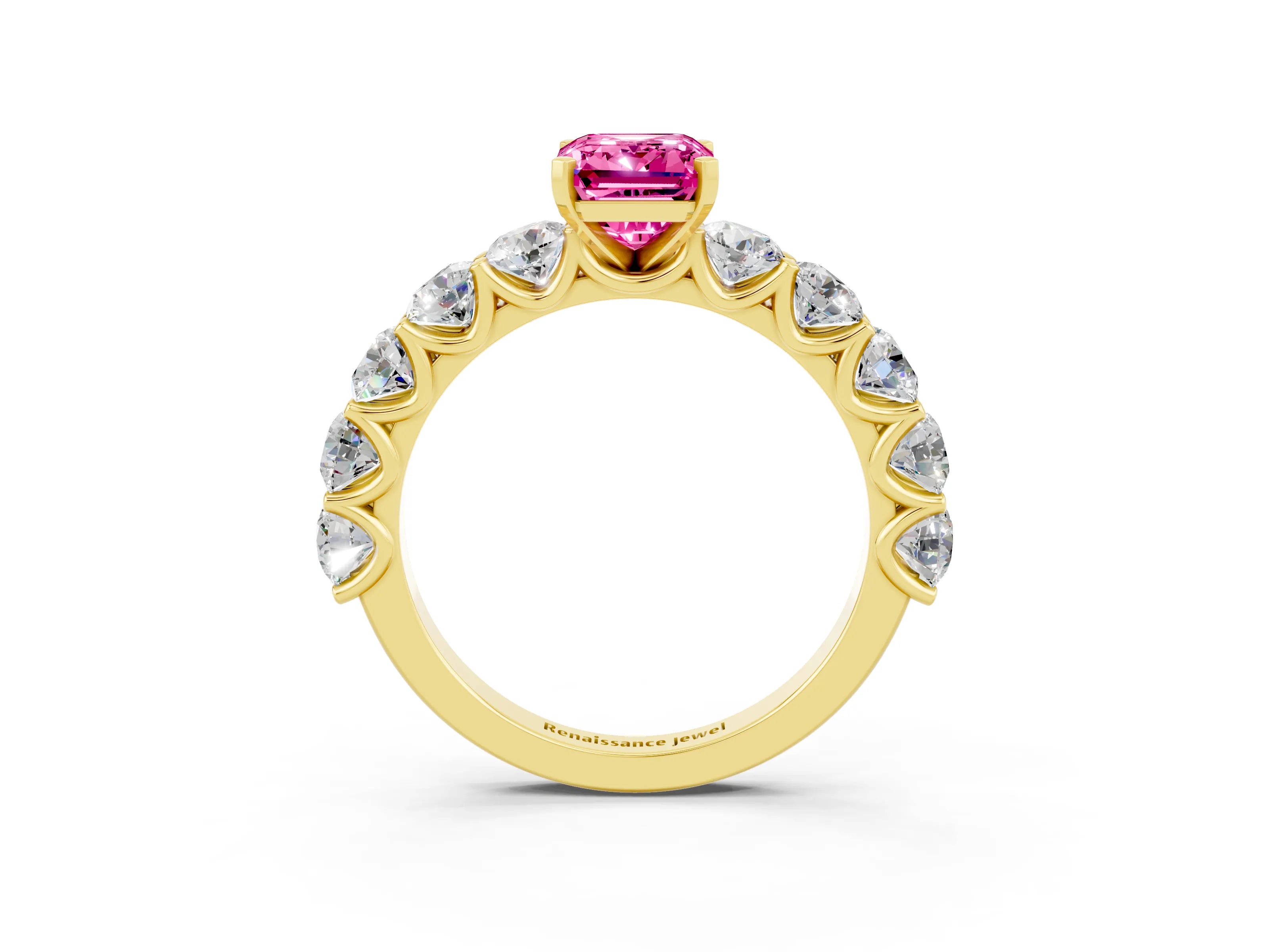 Yellow gold Emerald Cut Pink Sapphire Prong Setting with Side Stones on a Pave Band_27