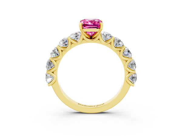 Yellow gold Emerald Cut Pink Sapphire Prong Setting with Side Stones on a Pave Band