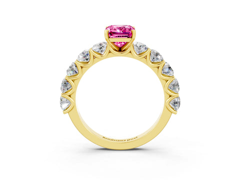 Yellow gold Emerald Cut Pink Sapphire Prong Setting with Side Stones on a Pave Band_27