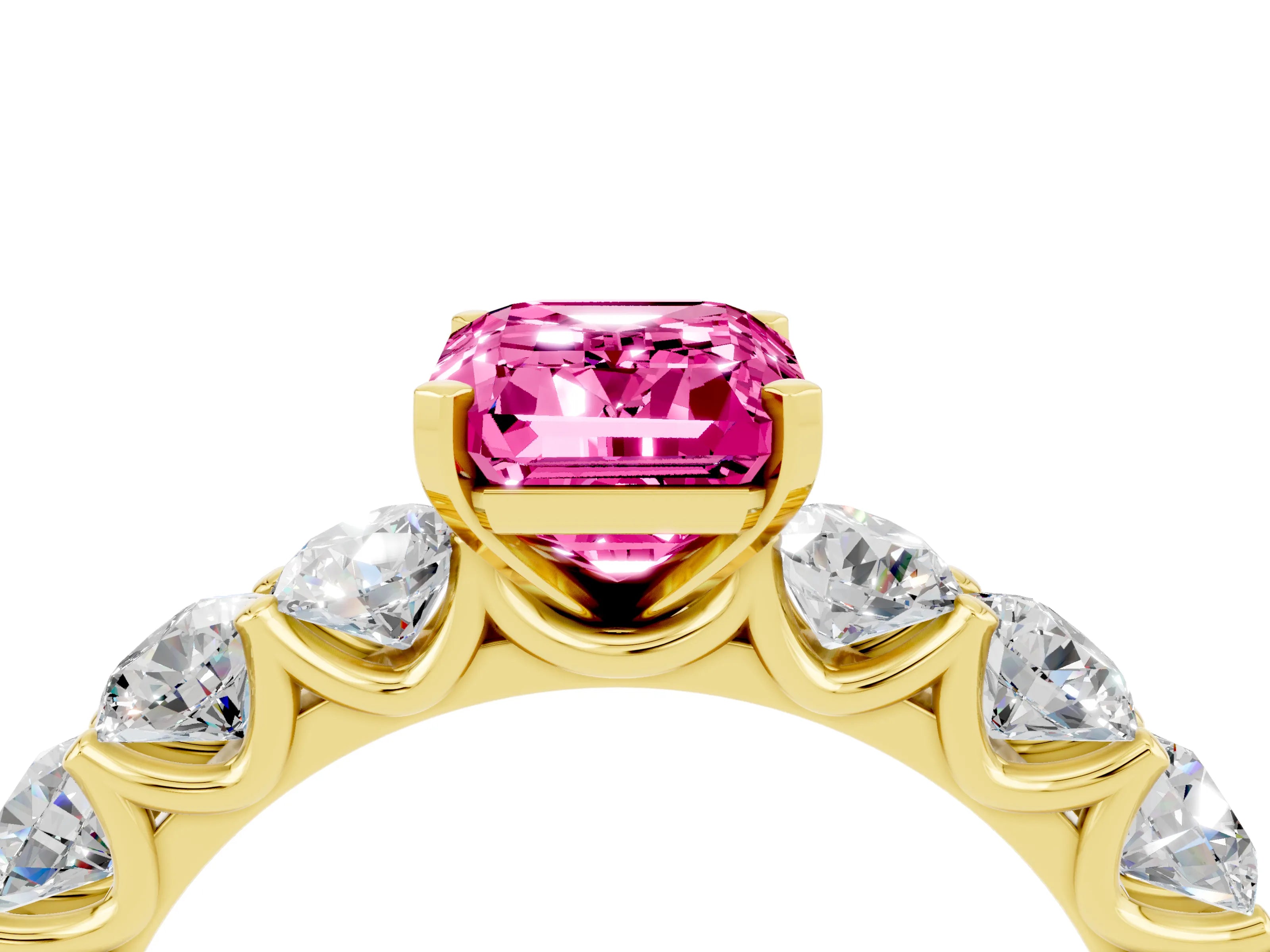 Yellow gold Emerald Cut Pink Sapphire Prong Setting with Side Stones on a Pave Band_28