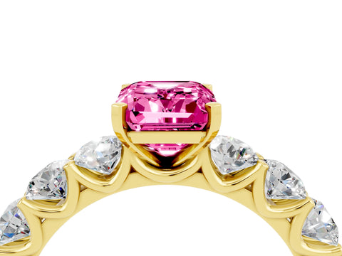 Yellow gold Emerald Cut Pink Sapphire Prong Setting with Side Stones on a Pave Band_28