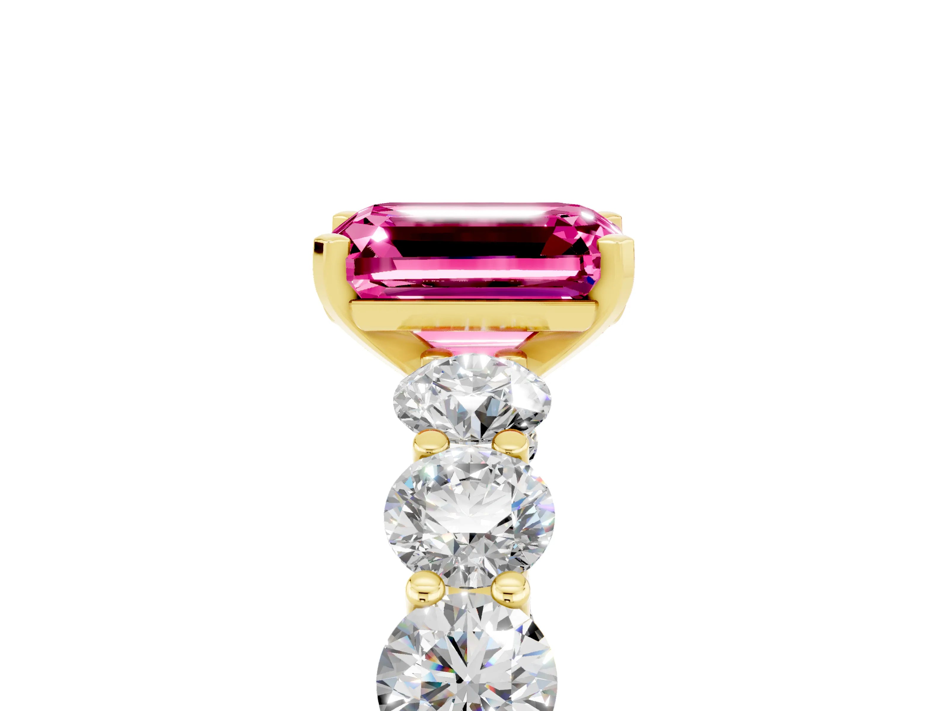 Yellow gold Emerald Cut Pink Sapphire Prong Setting with Side Stones on a Pave Band_29