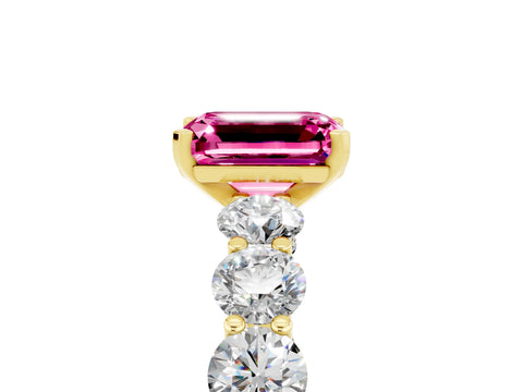 Yellow gold Emerald Cut Pink Sapphire Prong Setting with Side Stones on a Pave Band_29