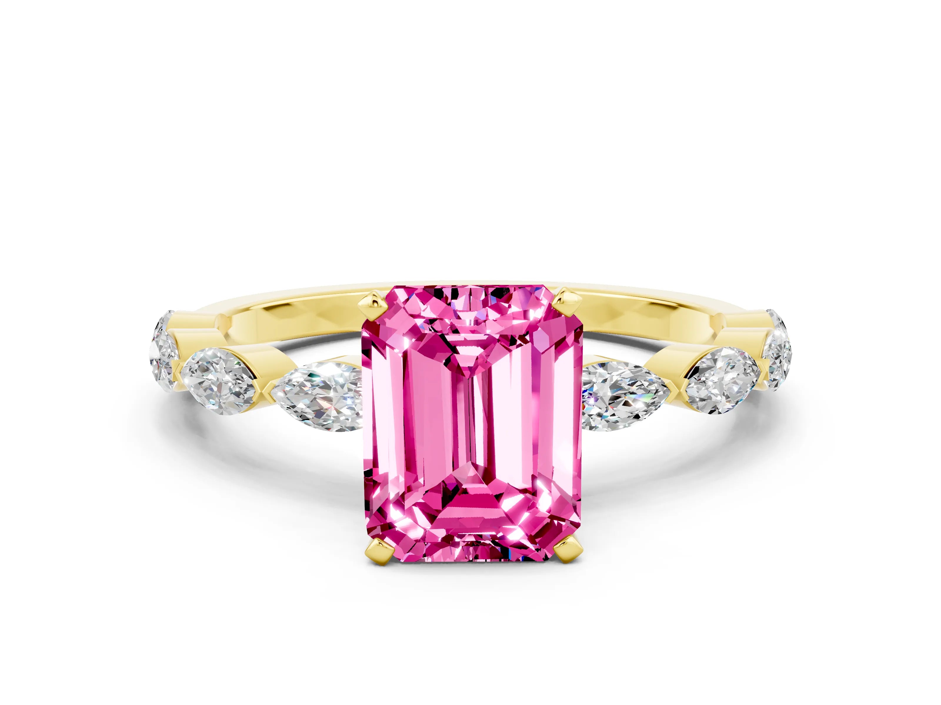 Yellow gold Emerald Cut Pink Sapphire Ring with Marquise Side Stones and Prong Setting_12