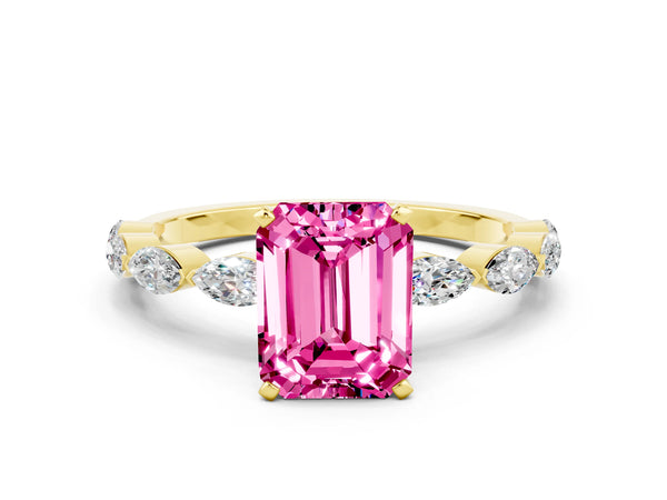 Yellow gold Emerald Cut Pink Sapphire Ring with Marquise Side Stones and Prong Setting