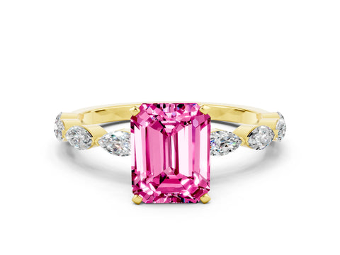 Yellow gold Emerald Cut Pink Sapphire Ring with Marquise Side Stones and Prong Setting_12
