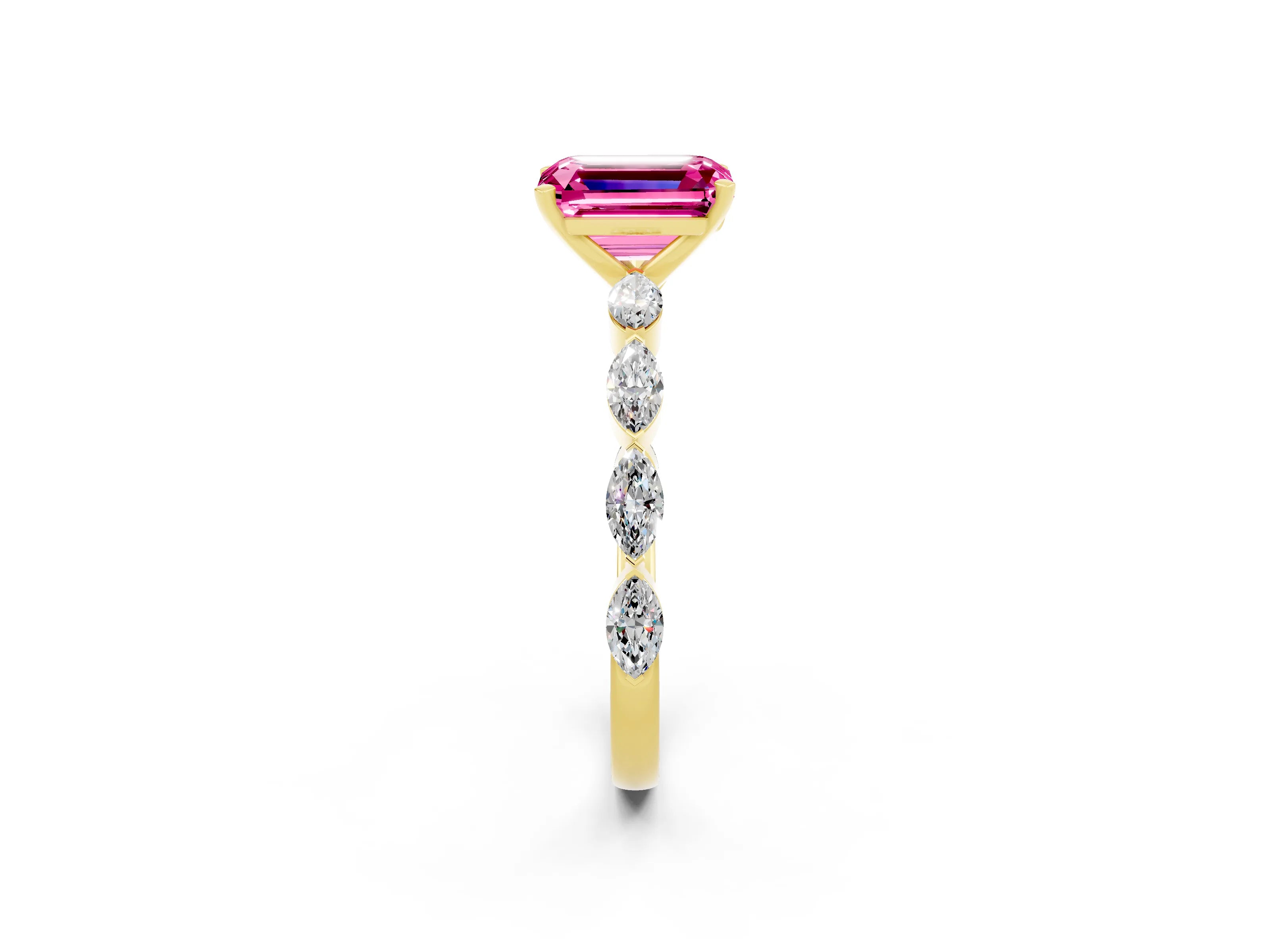 Yellow gold Emerald Cut Pink Sapphire Ring with Marquise Side Stones and Prong Setting_14