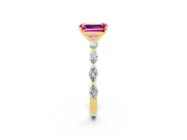 Yellow gold Emerald Cut Pink Sapphire Ring with Marquise Side Stones and Prong Setting