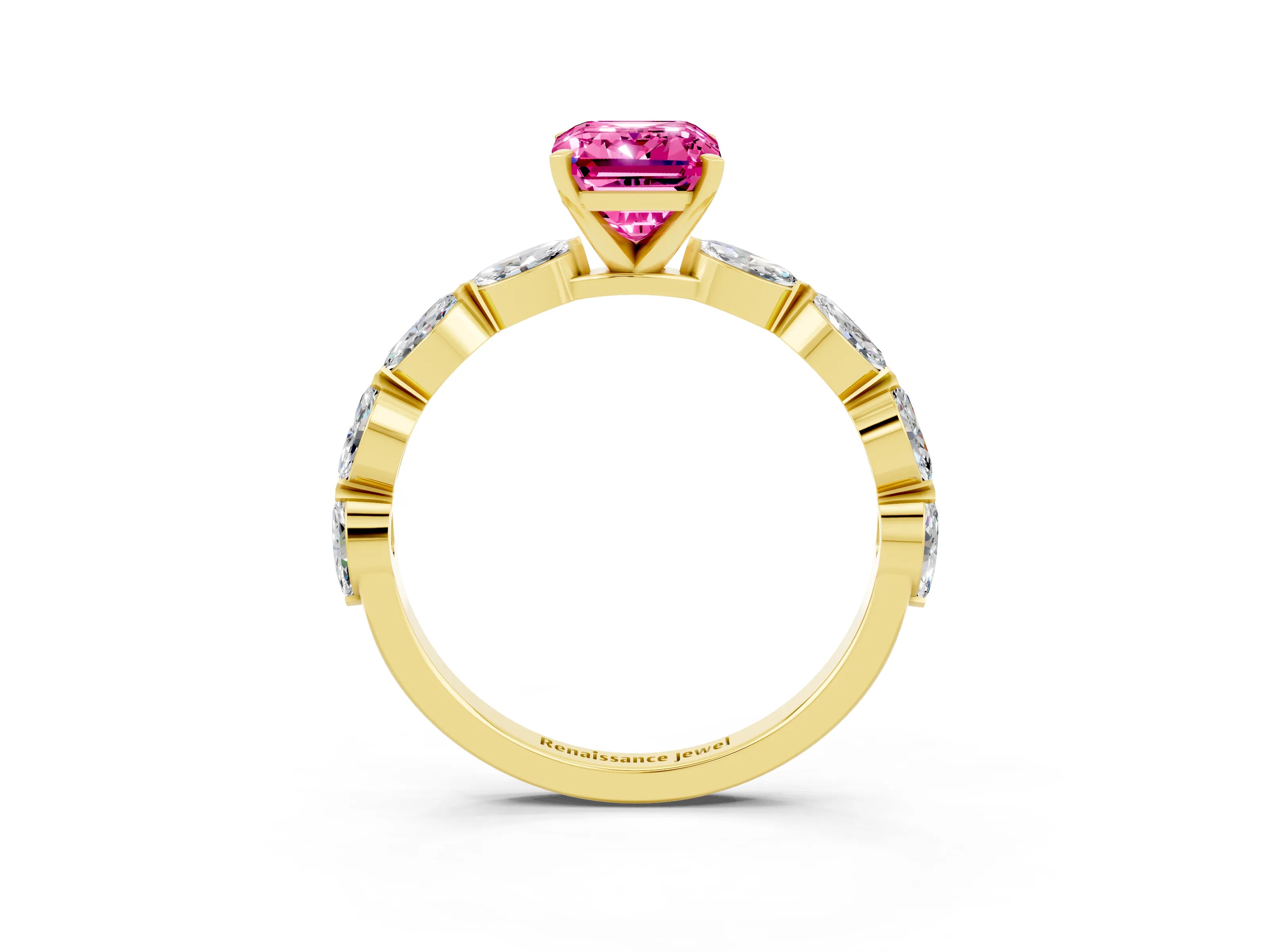 Yellow gold Emerald Cut Pink Sapphire Ring with Marquise Side Stones and Prong Setting_15