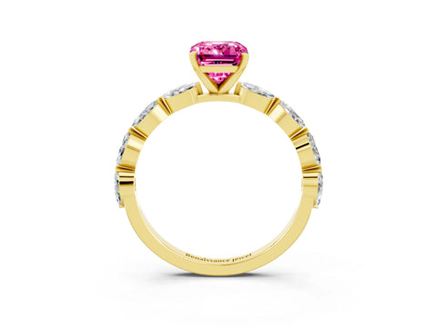 Yellow gold Emerald Cut Pink Sapphire Ring with Marquise Side Stones and Prong Setting_15
