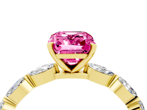 Yellow gold Emerald Cut Pink Sapphire Ring with Marquise Side Stones and Prong Setting_16